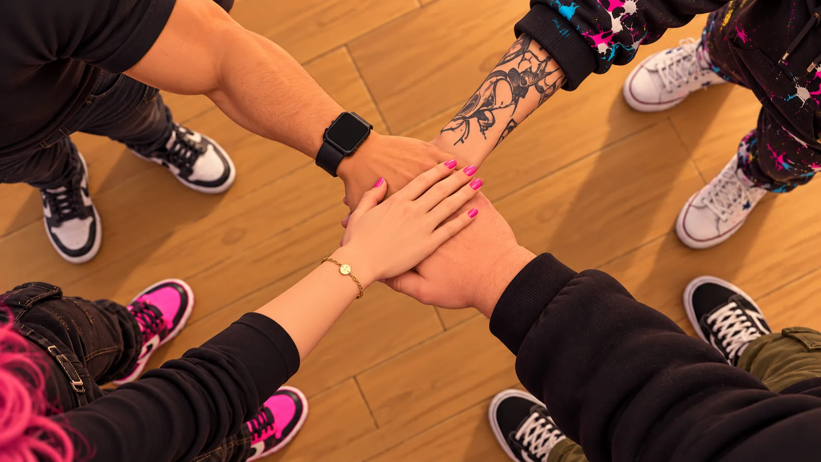 The four OCTHO crew members stacking their hands together, seen from above